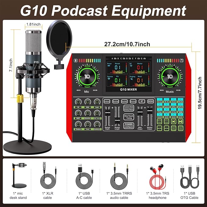 Podcast Microphone Bundle with Live Sound Board Audio Mixer, Podcast Equipment Bundle with 3.5mm Condenser Microphone(P15) for Pc/Phone Live Streaming Singing Gaming, Voice Changer, Denoise