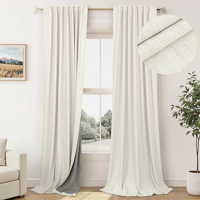 Pitalk Short Curtains for Windows Bathroom Blackout Linen Boho Back Tab Pocket Pleated Dark Out Cafe Curtains for Bedroom Door Doorway 45 Inch Length 2 Panels Set Cream Off White Wide 38 x 45 in Long