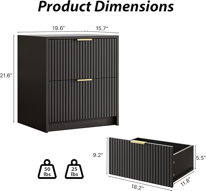 3-Piece Dresser Bedroom Set, 6 Drawer Dresser & 2 Drawer Nightstands with Gold Handles, Fluted Wood Chest of Drawers for Bedroom, Living Room, Entryway, Black