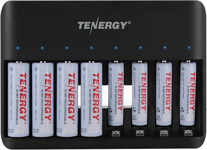 Tenergy TN477U 8-Bay Fast Charger for NiMH/NiCD AA AAA Rechargeable Batteries with 4pcs 2500mah AA and 4pcs 1000mah AAA Rechargeable Batteries