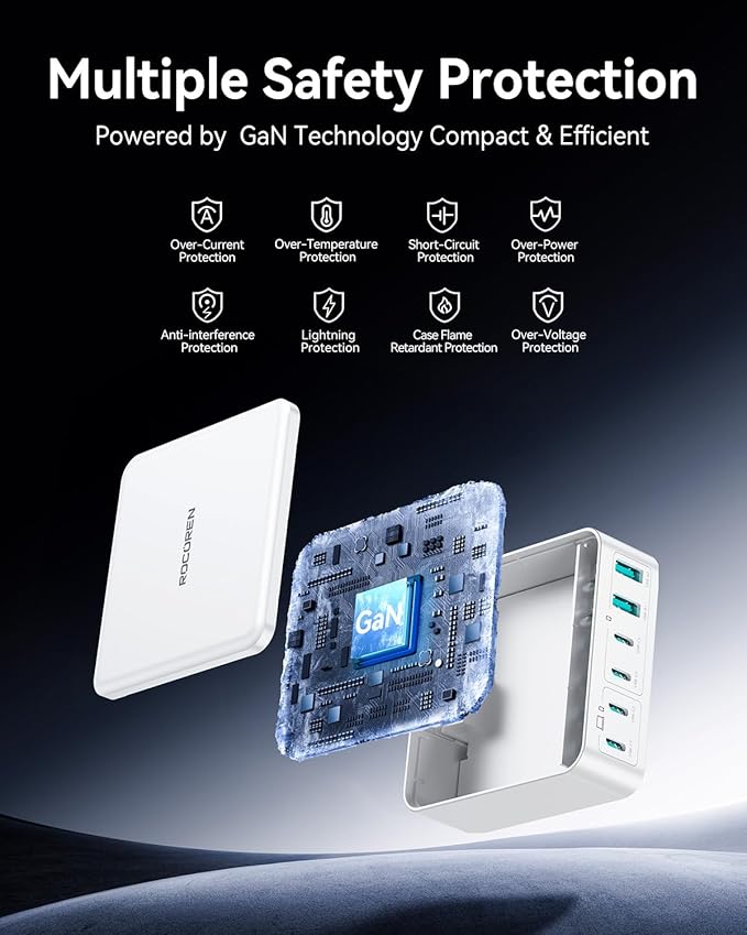 270W USB C Charger Block, Rocoren 6 Port Multi USB-C Charging Station,100W PD Fast USBC Gan Charger Station Hub Dock for Multiple Devices, Laptop Type C for MacBook/iPhone 17/iPad/Galaxy S25 (White)
