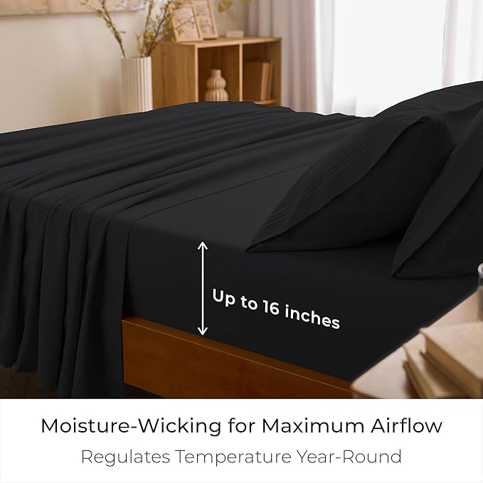 Mellanni California King Sheet Set - 6-Piece Iconic Collection Bedding, (Including 4 Pillowcases), 16-Inch Deep Pocket, Easy Care, Extra Soft, Cooling Sheets, Brushed Microfiber - Black