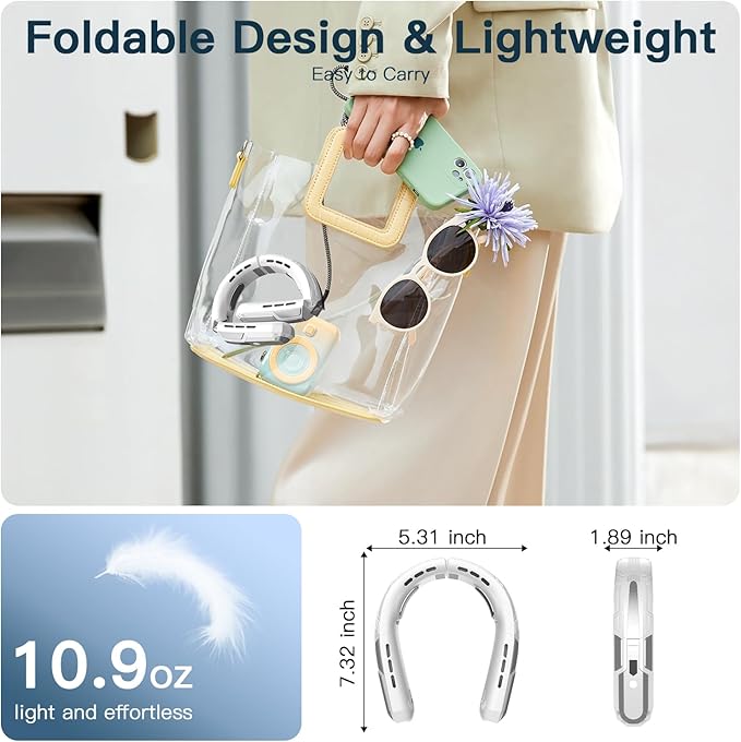 WXX Portable Neck Fan, 6000mAh Battery Neck Fan Rechargeable, 360° Cooling Personal Fan, 3 Speeds Foldable Quiet Wearable Fan for Travel Outdoor Indoor, Birthday Gifts for Men Women-White&Grey