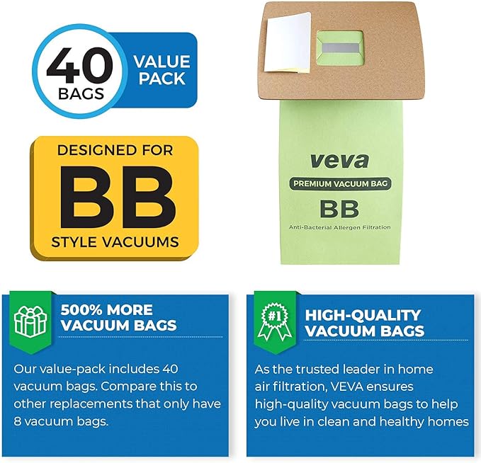 40 Pack Type BB Vacuum Bags for Oreck Handheld Canister Vacuum PKBB12DW, BB180, BB280, BB850, BB870, BB880, BB900, BB1000, BB1100, BB1200, CC1600