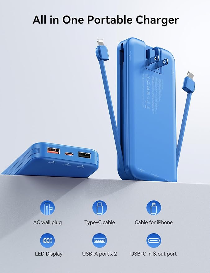 Ultra-Portable-Charger-Power-Bank with Built in Cables&AC Wall Plug,12000mAh PD20W USB-C Fast Charging Cell Phone Charger Battery Pack,LED Display Travel Battery Bank for All iPhone,Samsung,Android