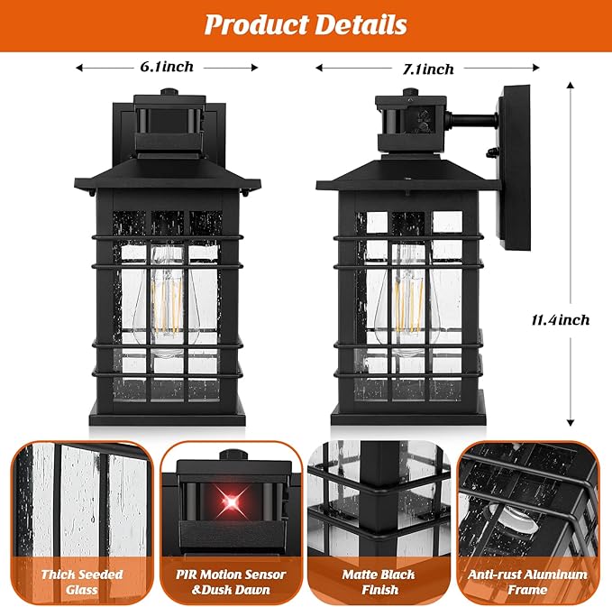 Motion Sensor Outdoor Wall Light Black, Dusk to Dawn Outside Porch Light Fixture Wall Mount, Waterproof Exterior Light Fixture with Seeded Glass, Matte Black Wall Sconce Lantern for House Patio Garage