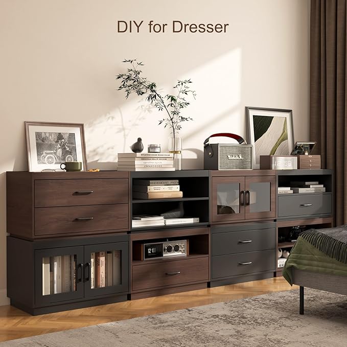 Stackable Storage 2-Shelf, 28" Wide Storage Bins with Open Compartment for Closet Organizers, Wood Stackable Closet Organizer Modern Large Stackable Storage Units for Living Room Hallway, Brown