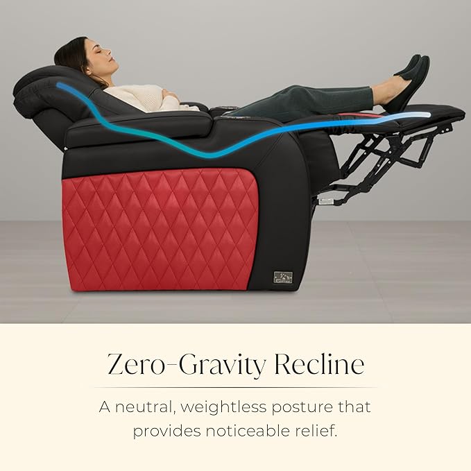 Seatcraft Diamante Zero-Gravity CoolZero Italian Leather Home Theater Seating, Power Headrest, Power Recline, Row of 4 Sofa, Black/Red