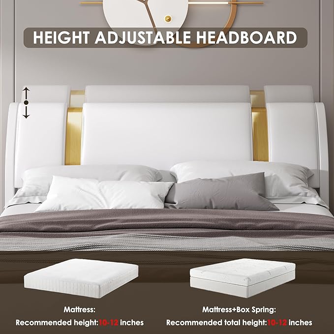 TTVIEW Modern Faux Leather Upholstered Platform Bed Frame with Golden Iron Metal Decor, Adjustable Curved Headboard, Wooden Slats Support, No Box Spring Needed, King Size, White
