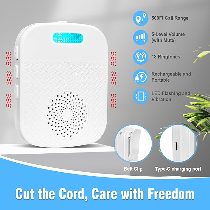 Daytech Caregiver Pager Call Bell for Elderly at Home Fall Detection for Seniors/Patient/Disabled 300+ Feet 1 Portable/Vibration Receiver & 2 Alert Call Button