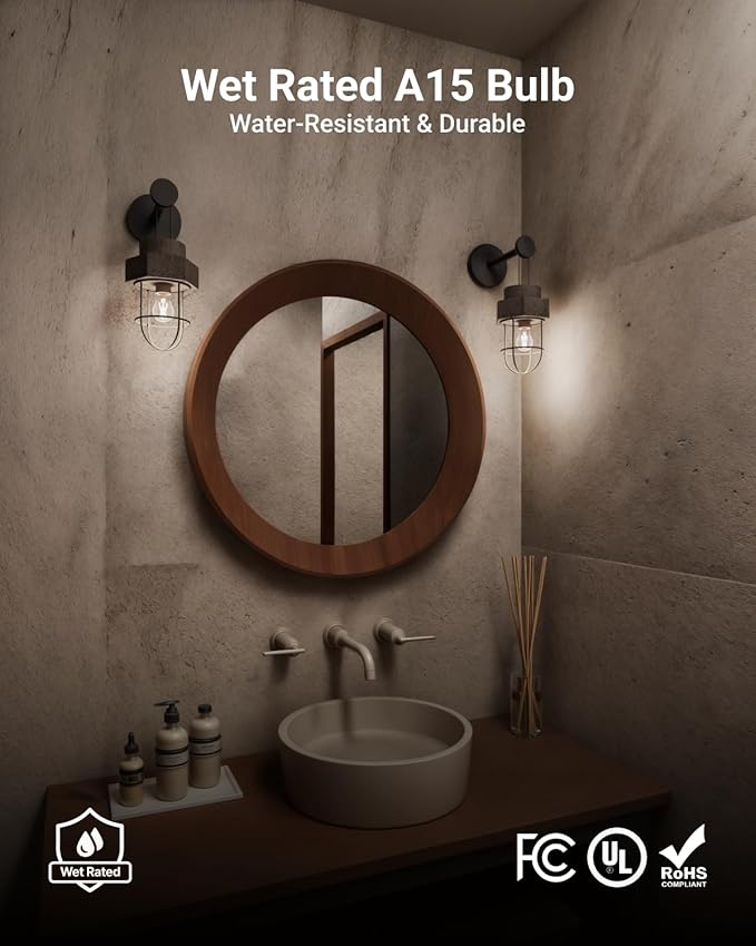 Sunco 24 Pack A15 Light Bulb LED, Edison Style Bulb, Dimmable Vintage Filament Lighting, 800 LM, 7W (60W Equivalent), 5000K Daylight, E26 Medium Base, Wet Rated UL