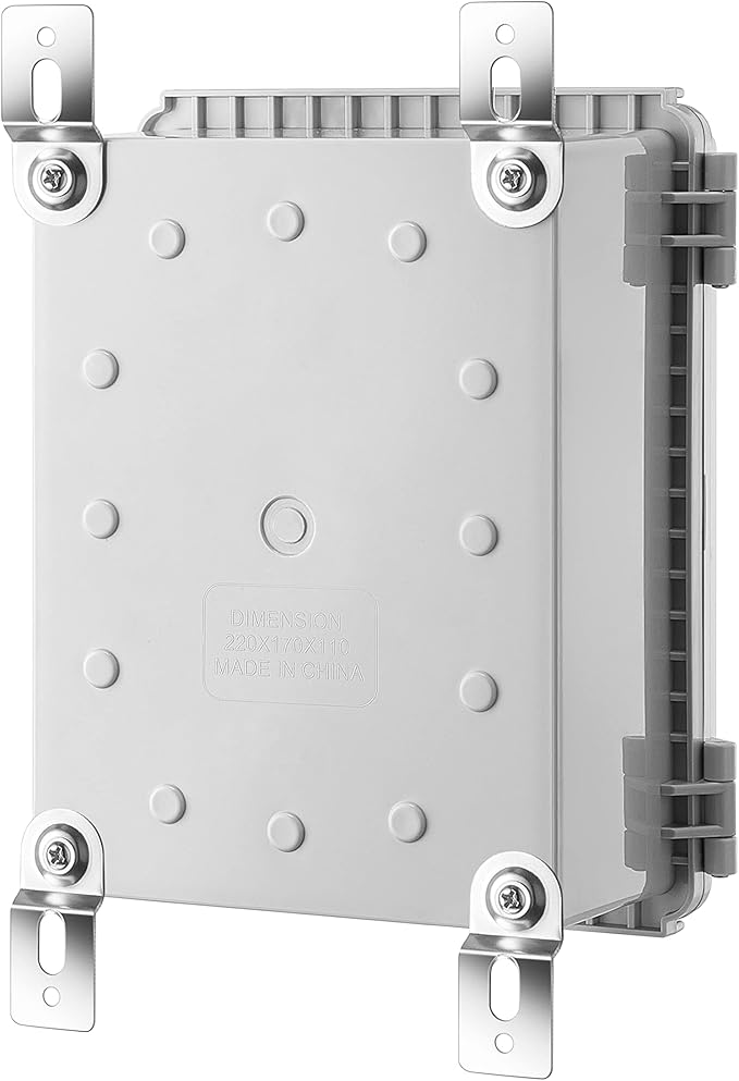 Gratury Junction Box, IP67 Waterproof Plastic Enclosure for Electrical Project, Hinged Grey Cover, Includes Mounting Plate and Wall Bracket 220×170×110mm (8.6"×6.7"×4.3")