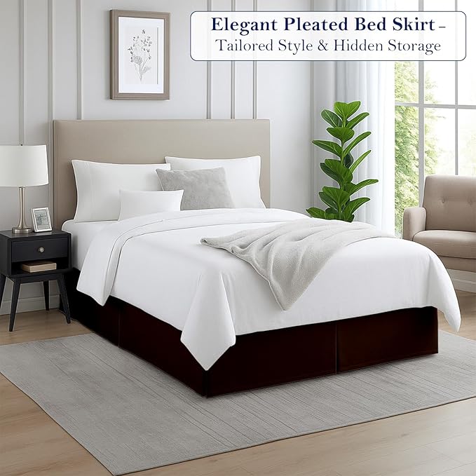 King Bed Skirt, Luxury 18 Inch Drop Chocolate Pleated Bed Skirt, Double Brushed Microfiber, Box Pleat Design, Wrinkle & Fade Resistant, Easy Fit Tailored Bedskirt for King Size Beds