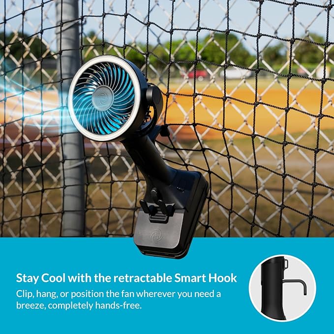 CANE5 AirLux Pro, Portable Fan, 180-Degree Tilt Head, 5 Speeds, 18MPH Wind Velocity, Rechargeable 20V Battery, [40 Working Hours], USB Power Bank, LED Ring Light, Hands-Free Smart Hook