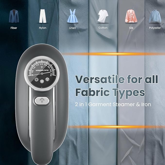 Killrose Steamer for Clothes, 2 in 1 Clothes Steamer Handheld, 1200W Steam Iron, 3 Level Thermometer Display Dashboard Travel Iron, 180° Rotatable Portable Handheld, 15s Heat Up, Water Tank, 120V