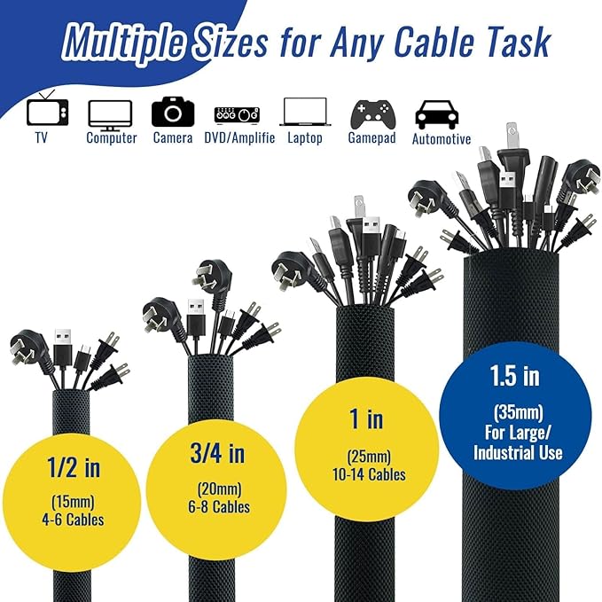 Flauzmann 3/4" - 6.6FT Hook and Loop Cable Sleeve, Dog Cat Cord Protector Waterproof Split Sleeving for USB Computer Office Automotive Audio Cables - Protects Cables from Pets Chewing - Black
