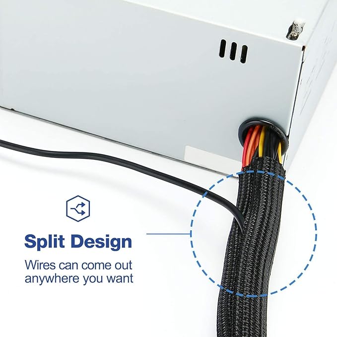 QCSIW 1/4 Inch-25ft Cable Management Sleeve - Flexible Wire Organizer System with Zipper for Home Office TV Computer, Durable Cord Cover Protector, Black
