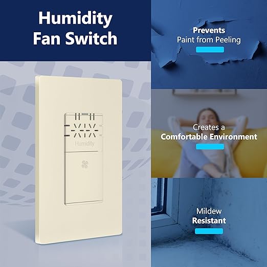 LIDER No Neutral Wire Required Humidity Sensor Switch, Automatic Humidity Control, Air Circulator, Adjustable Timing, 1-Pole, UL Listed, Light Almond, Wall Plate Included 2 Pack