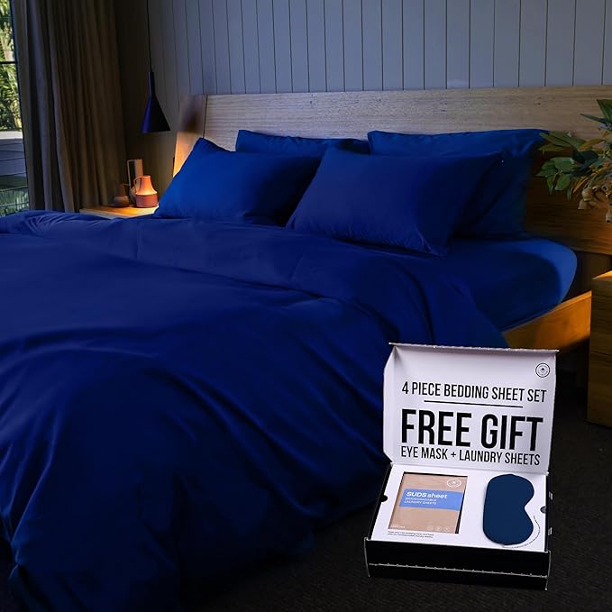 THE LAD COLLECTIVE 3.0 California King Bedding Set - Cali King Bedding Sets - 4-Piece Bedset w/Fitted Sheet, Top Sheet & 2 Standard Pillowcases [Duvet Not Included] - Bamboo-Cotton - Atlantic
