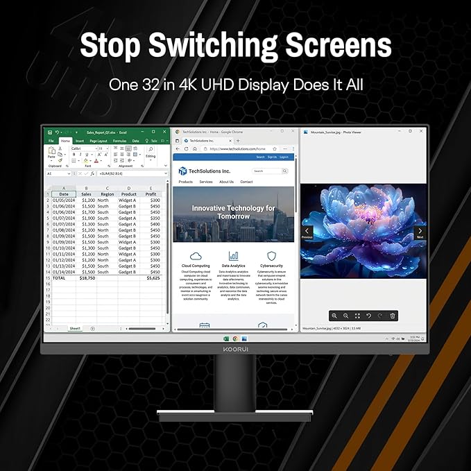 KOORUI 32 inch 4K Computer Monitor with HDMI 2.0 Displayport 1.4 Speakers, 60Hz VESA HDR Support Desktop Monitor Comptatible Free-Sync, G-Sync, Adaptive Sync for Office & Home