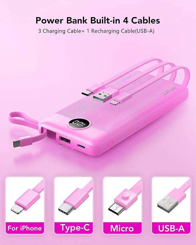 VRURC Portable Charger 10000mAh, Travel Essentials Battery Pack, 5 Output 2 Input Power Bank, Built-in Micro & USB C Cables Phone Charger Compatible with iPhone,Samsung,Android-Purple(1 Pack)