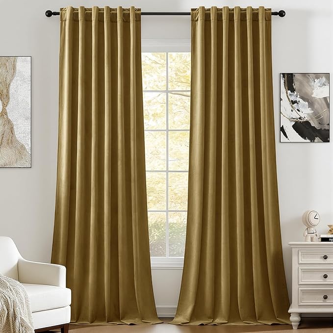 Velvet Curtains 102 Inches Long for Bedroom, Super Soft Room Darkening Thermal Insulated Curtains Luxury Window Drapes for Living Room Nursery, Back Tab Rod Pocket, Goldbrown, W52 x L102, 2 Panels
