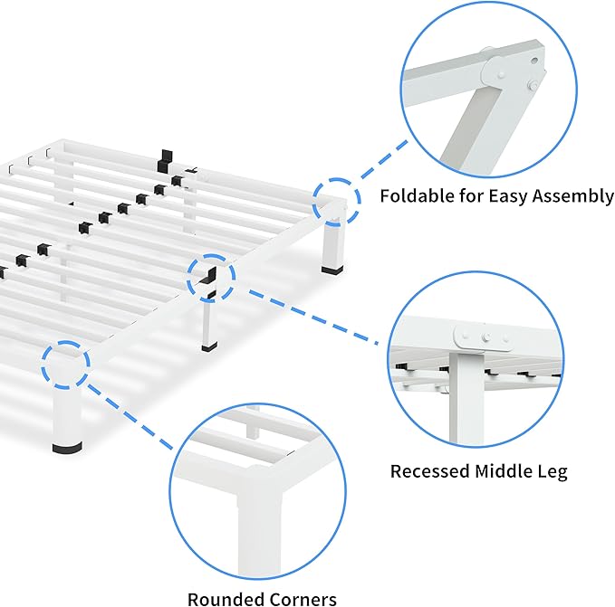 7 Inch White King Size Bed Frame, 3500Lbs Heavy Duty Metal Platform with Round Corner Legs Mattress Slide Stopper, Steel Slat Support No Box Spring Needed, Noise Free, Non-Slip, Easy Assembly