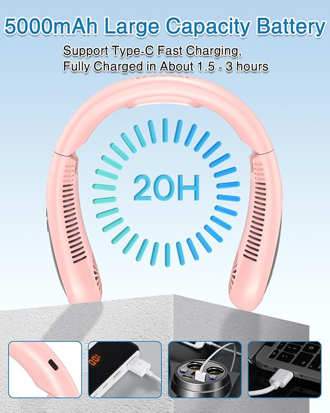 GAITIR Neck Air Conditioner, Portable Neck Fan with Cooling Plate 360°Cooling Airflow, 5000mah Rechargeable USB Fan Hands Free Bladeless Wearable Foldable Mini Fan for Men Women Home Office Outdoor
