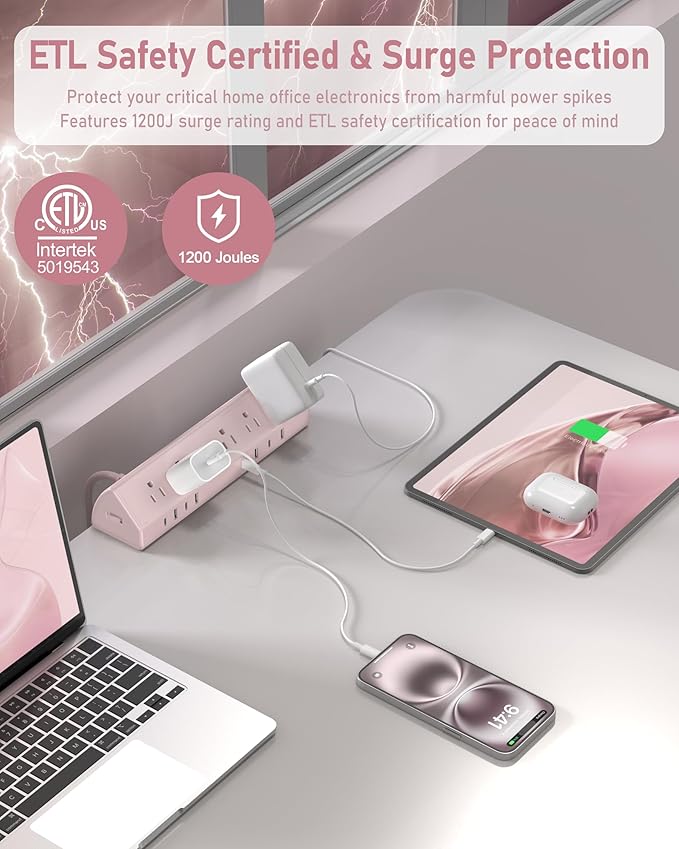 Jgstkcity Desk Clamp Power Strip,65W Fast Charging Station,4 USB-C,4 USB-A,1200J Surge Protector,ETL Listed,1875W Extension Cord,Multiple Outlets for Home, Office (Pink, 6 FT Cable)