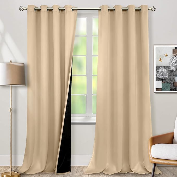 BGment Thermal Insulated 100% Blackout Curtains for Bedroom with Black Liner, Double Layer Full Room Darkening Noise Reducing Grommet Curtain (55 x 96 Inch, Beige, 2 Panels)