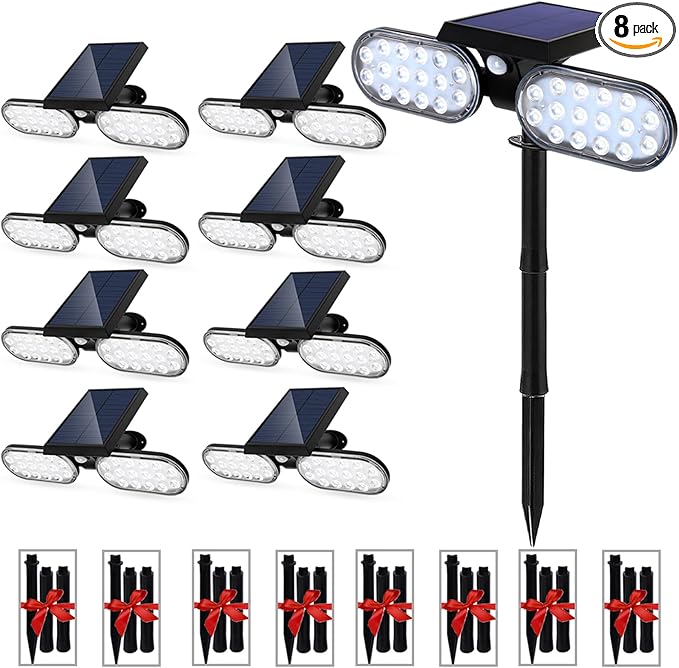 EMANER Motion Lights Solar Powered, Outdoor Solar Flood Lights, Stay On or Motion On/Off, Dusk to Dawn Security Solar Light, Landscape Spotlights for Garden Backyard Path, 8-Pack