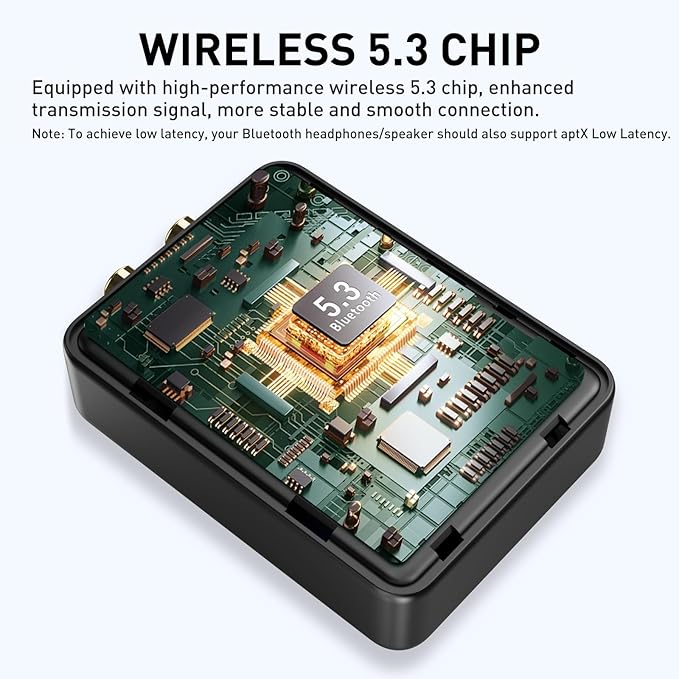 1Mii RCA Bluetooth 5.3 Adapter for TV, 3.5mm AUX Bluetooth Transmitter Receiver for 2 AirPods or Headphones, Home Stereo, Speakers, Projector, Treadmills, PC, with Volume Control, aptX Low Latency