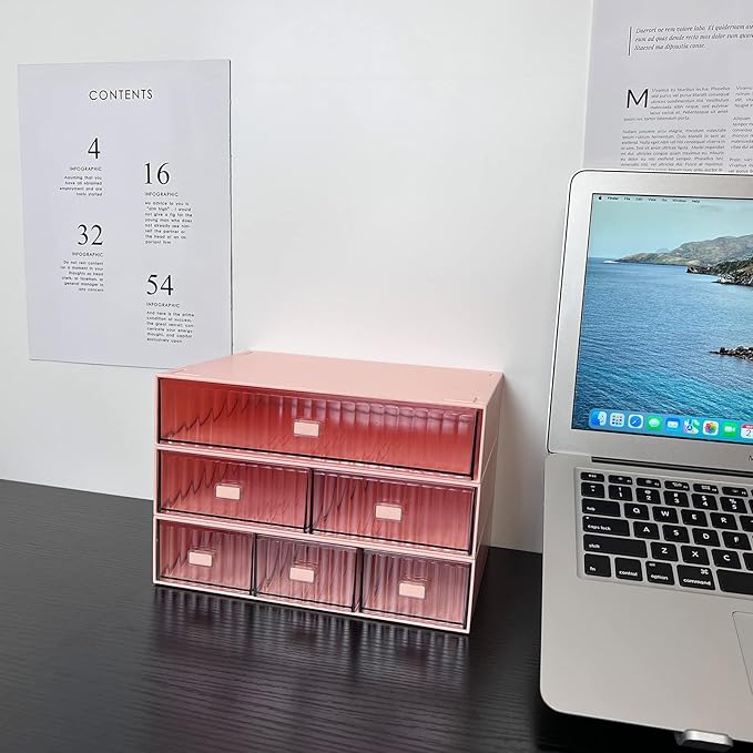 Stackable Office Drawer Organizer - Plastic Storage Drawer, Desk Grocery Organizer For Stationery/Office Supplies (Red, 3 Compartment)