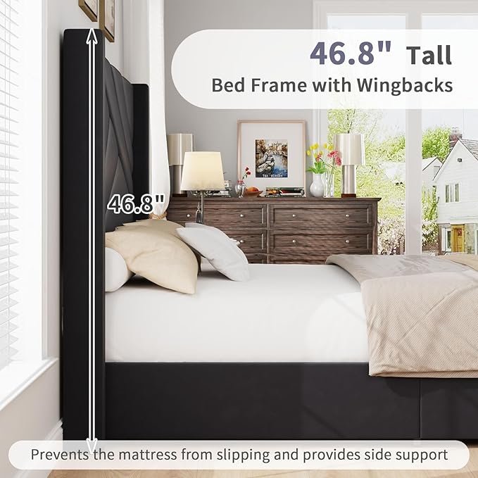 BarnFurin Queen Size Bed Frame, Velvet Upholstered Platform Bed with Geometric Tufted Headboard & Footboard, Wingback Design, Mattress Foundation with Wooden Slats, Black