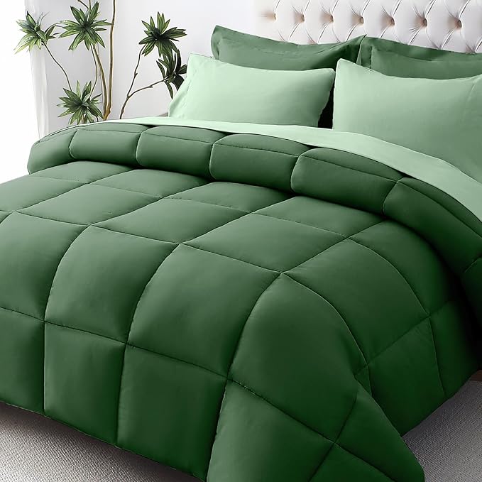 JOLLYVOGUE King Comforter Set, Ultra-Soft Bed in a Bag King Size 7 Pieces, Oeko-TEX Certified Bedding Set with Down Alternative Comforter, Sheets, Pillowcases & Shams, Dark Green & Light Green