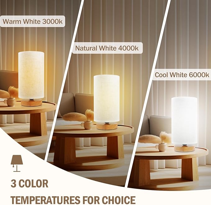 Minimalist Bedside Table Lamps for Bedrooms Set of 2, 3 Color Temperature Bedside Lamps with Round Fabric Linen Shade,Small Desk Lamp Night Nightstand Lamp Set for Living Room, Reading,Office