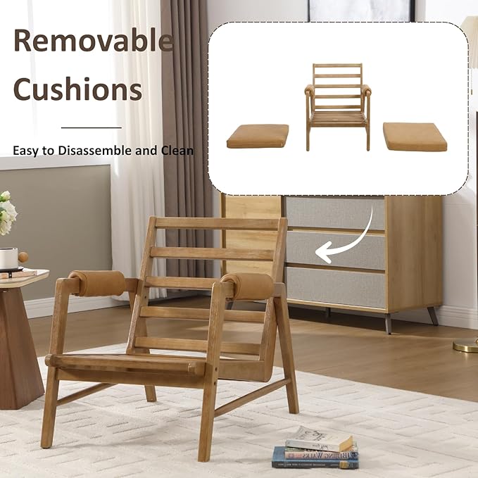 HEAH-YO Modern Accent Chair Set of 2, Upholstered PU Leather Living Room Chair with Wooden Frame, Comfy Armchair with Thick Cushion for Bedroom Balcony, Brown