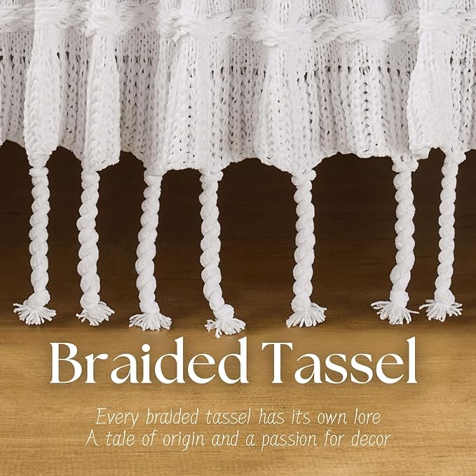 Boho Knitted Chenille Blanket with Tassels - Lightweight & Soft All-Season Throw - 3D Classic Pattern for Living Room Bedroom Couch, Cloud White, Twin 60"x80"
