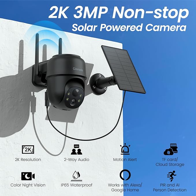 Cinnado 2K Cameras for Home Security-2.4G WiFi Outdoor Camera Wireless Solar/Battery Powered, 360° Viewing, Human Detection, Color Night Vision, Cloud/SD Storage B6 (B6-Black-1pack-2.4G)