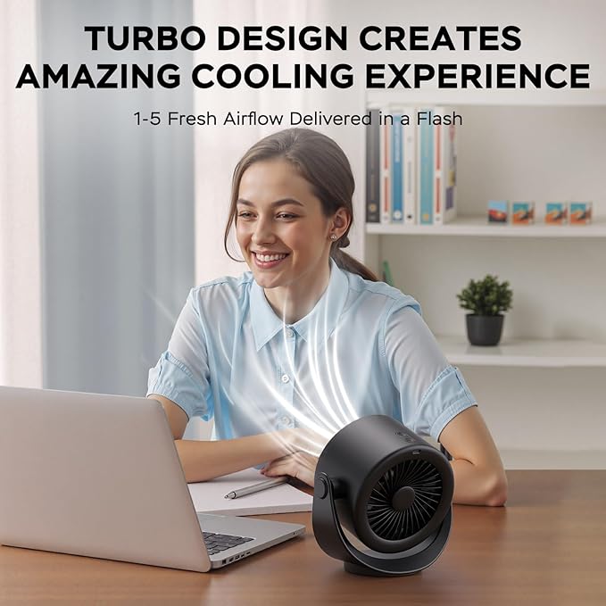 MORECORE Desk Fans for Bedroom, Strong Airflow Turbo Quiet Small USB Fan, 17hrs Running, 360° Rotate & 5 Speeds, 4000mAh Battery Operated Portable Fan with LED Display for Home Office Desktop-Black
