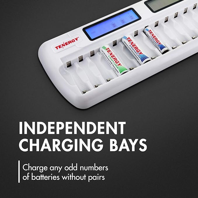 Tenergy TN438 16 Bay Battery Charger for AAA and AA Rechargeable Batteries, AA/AAA NiMH/NiCd Rechargeable Batteries Charger with AC Wall Adapter and Car Adapter