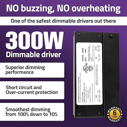 HitLights 300W Dimmable LED Driver, Electronic Transformer, 120V AC to 24V DC Power Supply for LED Strip Light, IP66 Rated, Dimming with TRIAC, 0-10V, 1-10V, Potentiometer, 10V PWM, UL Listed, Class 2