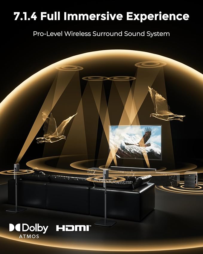 ULTIMEA Skywave X70 7.1.4ch Professional Wireless Surround Sound System for TV w/Dolby Atmos, 980W Sound Bar with 10" Wireless Subwoofer, 20Hz Low Frequency, GaN Amplifier, 4K HDR Pass-Through