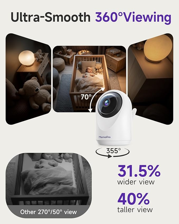 MAMAPRO Baby Monitor with Camera and Audio - 2K Color Night Vision, WiFi Video Baby Monitor - 355° Pan/70°Tilt, AI Motion/Cry/Temp/Humidity Alerts, 2-Way Audio, App for 20 Users, 8 Lullabies