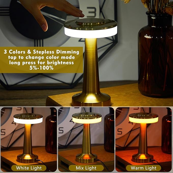 VIHOSE Cordless Table Lamps LED Portable Rechargeable Table Lamp with Touch Sensor 3 Color Dimming up to 15 Hours Battery Desk Light for Restaurant Nursery Living Room(Gold,24 Pcs)
