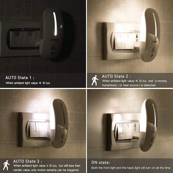 Sensky Motion Sensor Night Light Eye Friendly Front Low Light and Bright Back Light Design Night Lights for Bathroom Hallway (Warm White)