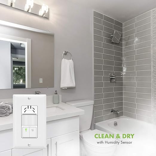 TOPGREENER Dual Tech Humidity Sensor Switch, Infrared PIR Motion & Air Moisture Detection, Bathroom Fan & Light Control, Adjustable Timing, Neutral Wire Required, UL Listed, TDHOS5, White