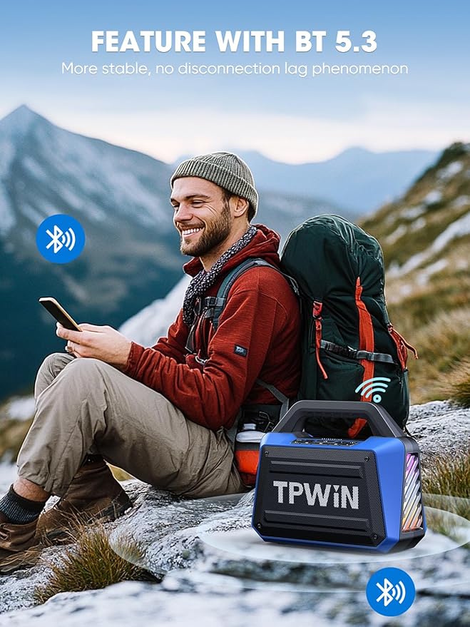 TPWIN Portable Bluetooth Speakers Loud - Wireless Speaker 80W Peak, Light Show, 20H Playtime, Strong Bass, BT 5.3, TWS, IPX6 Waterproof for Outdoor Travel Beach Camping - Blue