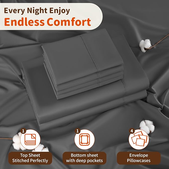 LBRO2M 1000 Thread Count 100% Egyptian Cotton Sheets Set 6 Piece Sets Queen Bed Sheet Deep Pocket Sheet Set 16" Soft Comfortable All Season (Queen, Dark Gray)