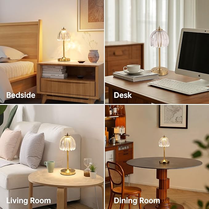 Tulip Table Lamp with 5000mAh Battery & Touch Control, Cordless Small Table Lamp with 3 Colors, Dimmable Rechargeable Table Lamps for Living Room, Bedroom, Desk, Bedside (Transparent Tulip)